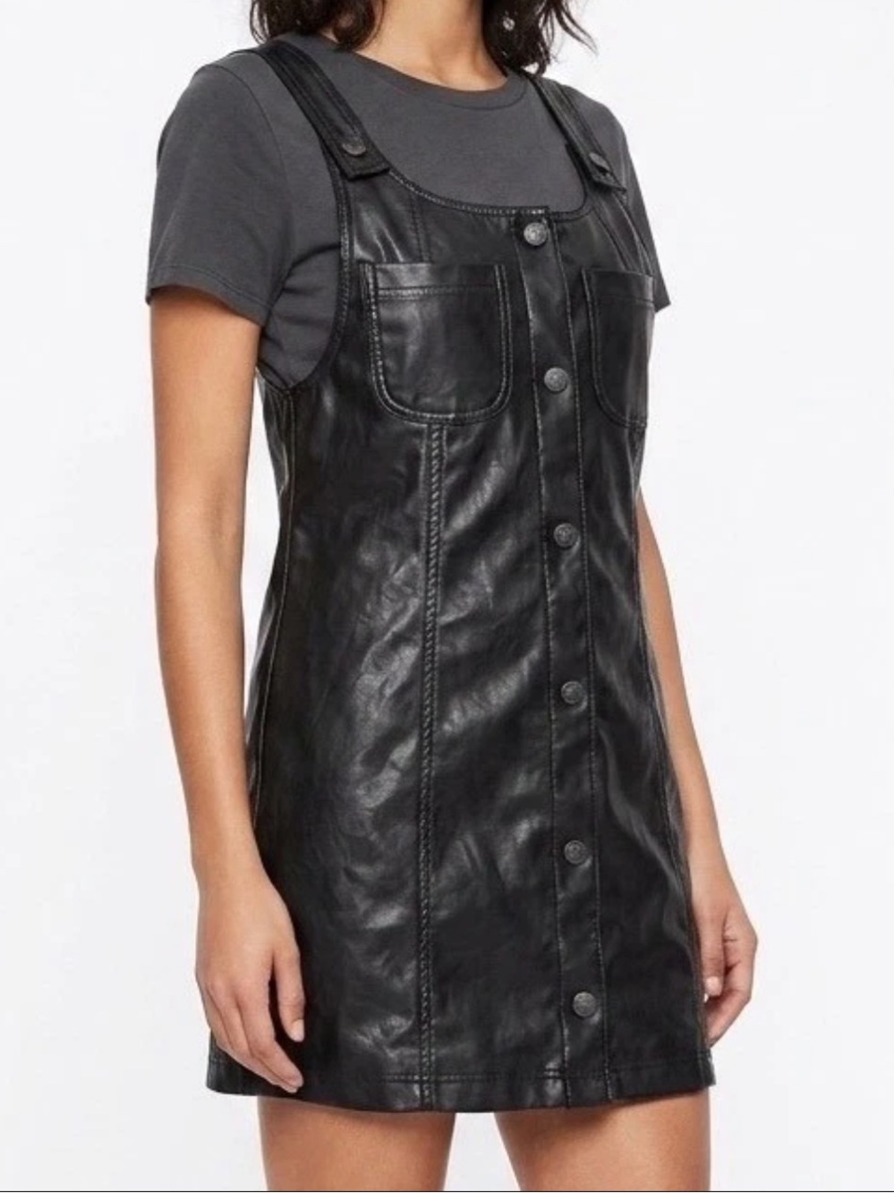 American Eagle Faux Leather Pinafore Dress Black Button Front Jumper Womens S